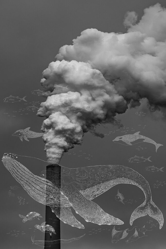 工場から出ている有害な煙も、私たち人間が環境のために努力すれば、その煙はクジラの潮になりうるかもしれない。 工場から出ている煙害を海に住む豊かな生き物たちとクジラの潮に変えて表現しました。